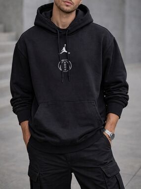 Jordan Black Pullover Hoodie White Logo Cotton Blend Streetwear Athleisure
